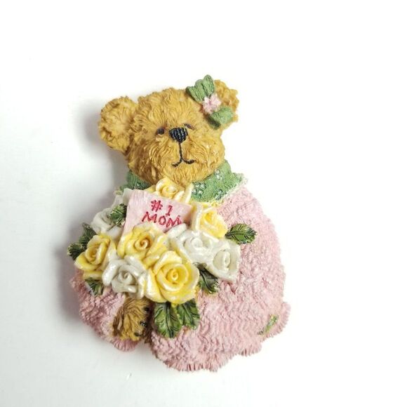 Vintage Bear in A Pink Dress with Flowers, Mothers Day Spring Pastel Brooch Pin - Picture 2 of 6